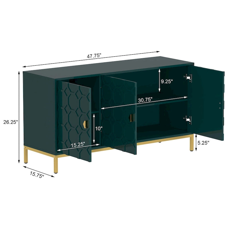 Glossy White 3-Door Storage Cabinet with Honeycomb Pattern & Gold Legs