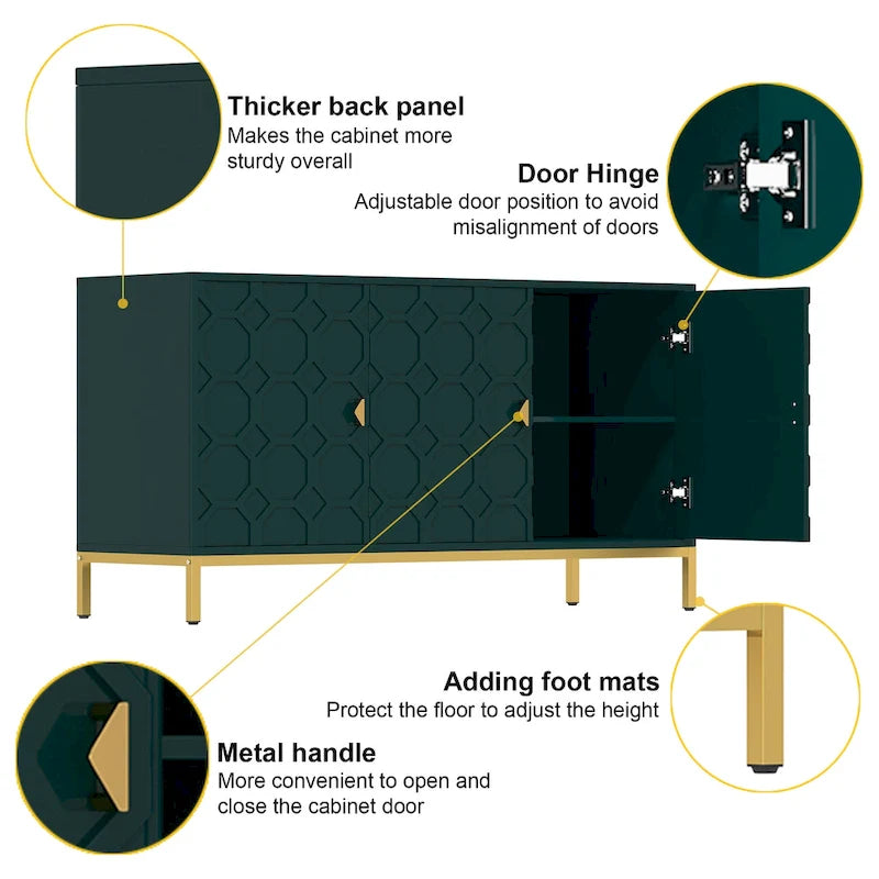 Glossy White 3-Door Storage Cabinet with Honeycomb Pattern & Gold Legs