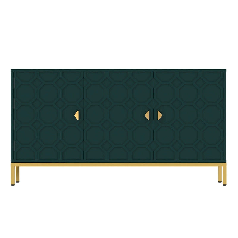 Glossy White 3-Door Storage Cabinet with Honeycomb Pattern & Gold Legs