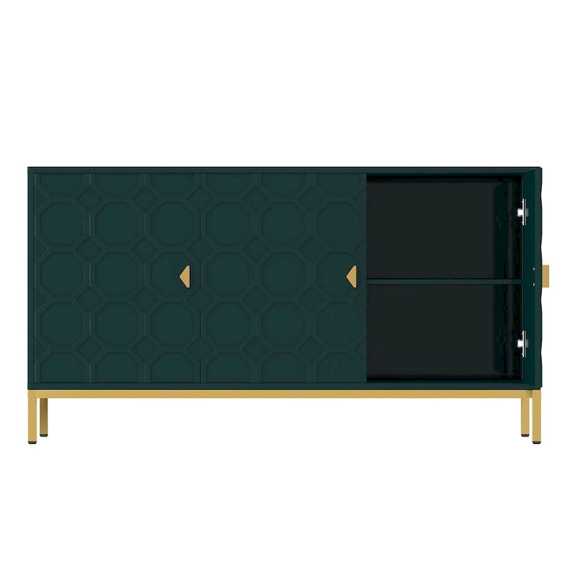 Glossy White 3-Door Storage Cabinet with Honeycomb Pattern & Gold Legs