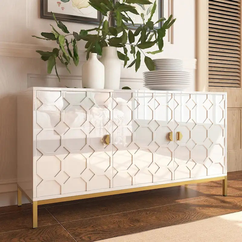 Glossy White 3-Door Storage Cabinet with Honeycomb Pattern & Gold Legs