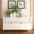 Glossy White 3-Door Storage Cabinet with Honeycomb Pattern & Gold Legs