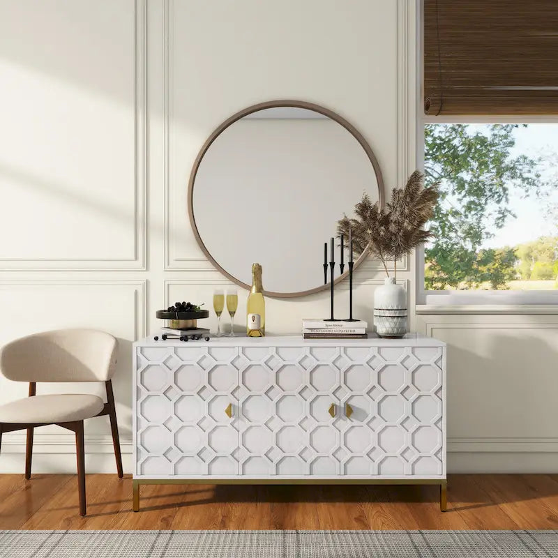 Glossy White 3-Door Storage Cabinet with Honeycomb Pattern & Gold Legs