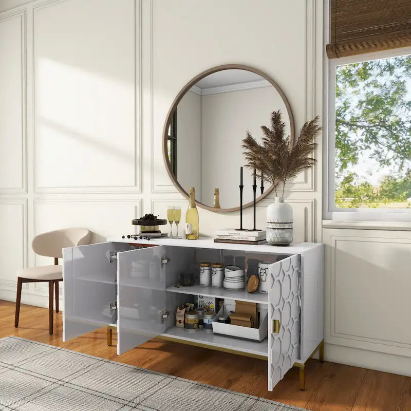 Glossy White 3-Door Storage Cabinet with Honeycomb Pattern & Gold Legs