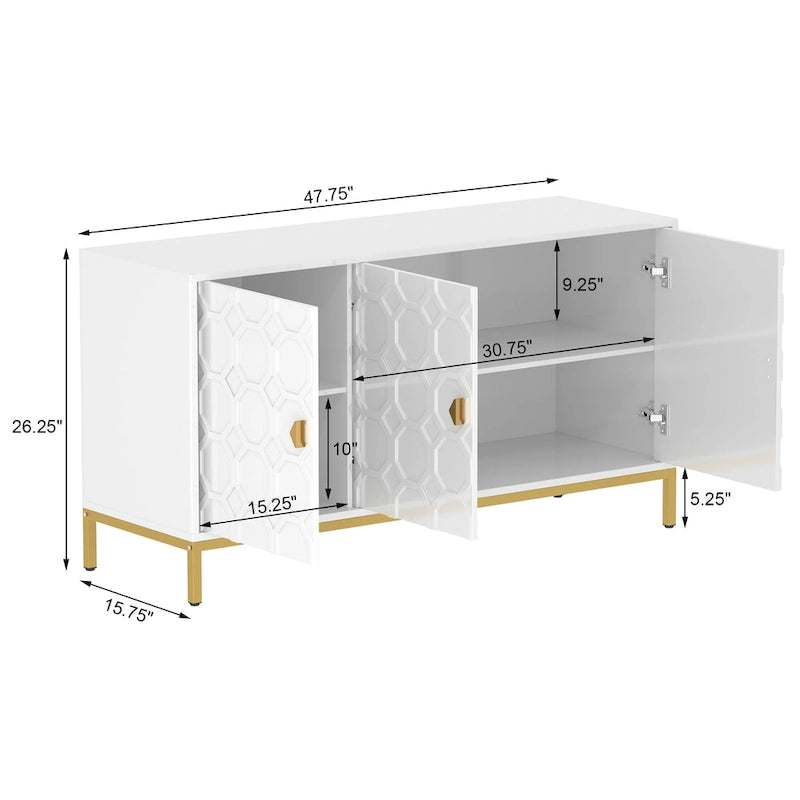 Glossy White 3-Door Storage Cabinet with Honeycomb Pattern & Gold Legs