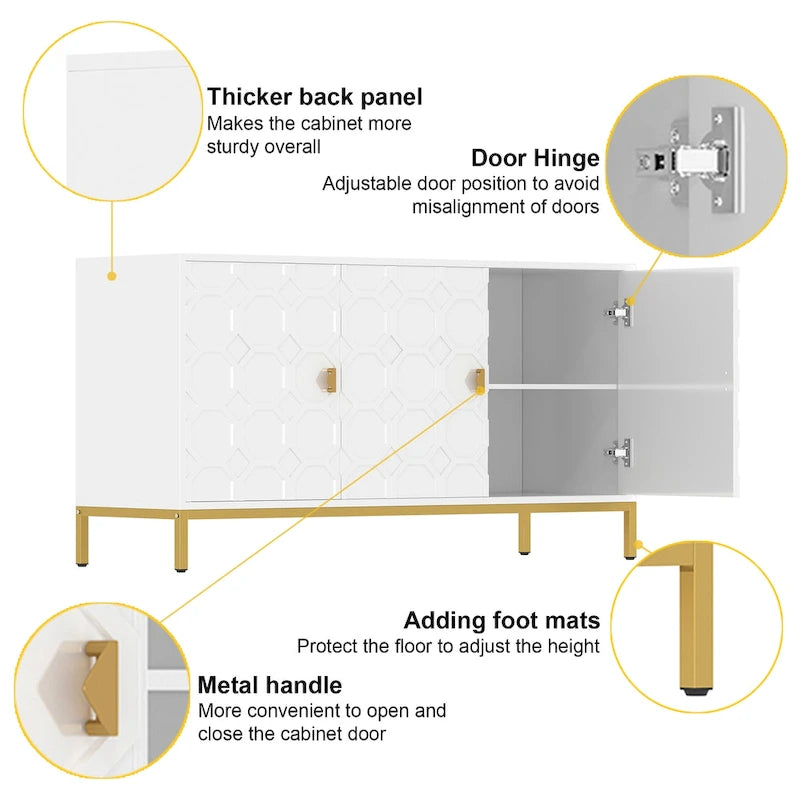 Glossy White 3-Door Storage Cabinet with Honeycomb Pattern & Gold Legs