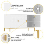 Glossy White 3-Door Storage Cabinet with Honeycomb Pattern & Gold Legs