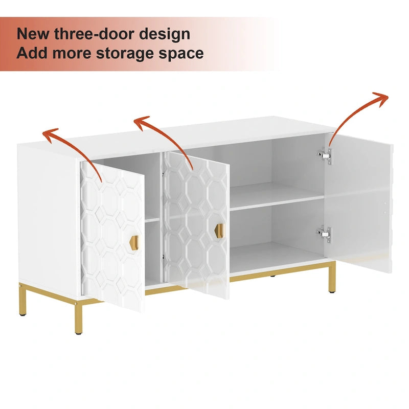 Glossy White 3-Door Storage Cabinet with Honeycomb Pattern & Gold Legs