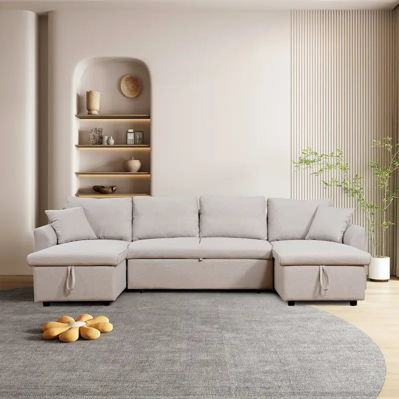 U-Shape Pull-out Sleeper Sectional Sofa with Double Storage Spaces