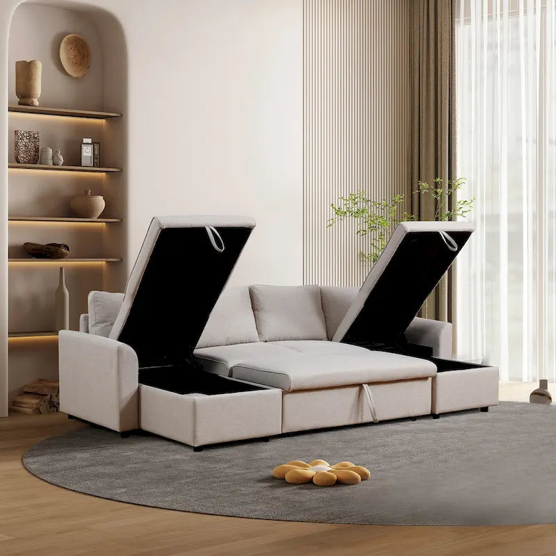U-Shape Pull-out Sleeper Sectional Sofa with Double Storage Spaces