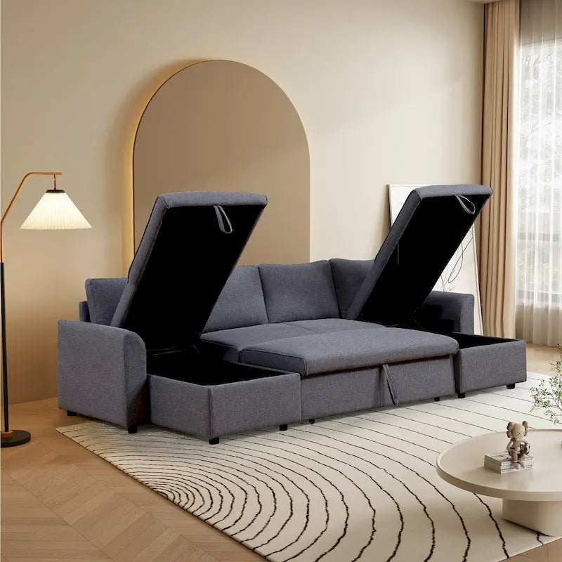 U-Shape Pull-out Sleeper Sectional Sofa with Double Storage Spaces