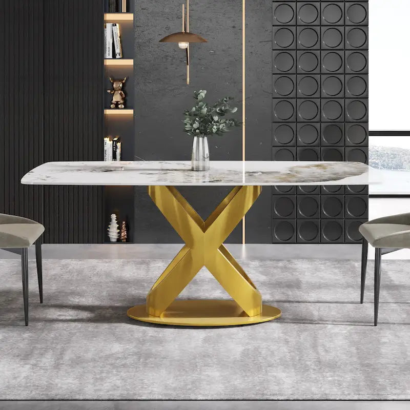 White-Brown Sintered Stone Dining Table - 71" - Seats 8
