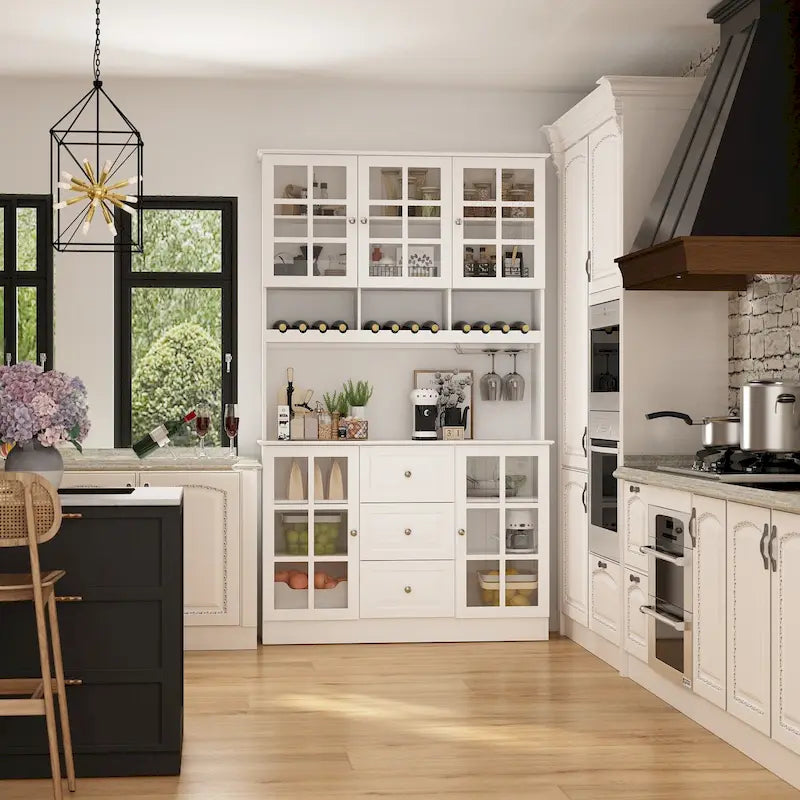 White Kitchen Pantry Cabinet with Hutch - 78.9"H with Glass Doors