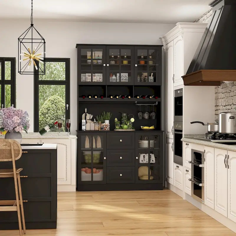 White Kitchen Pantry Cabinet with Hutch - 78.9"H with Glass Doors