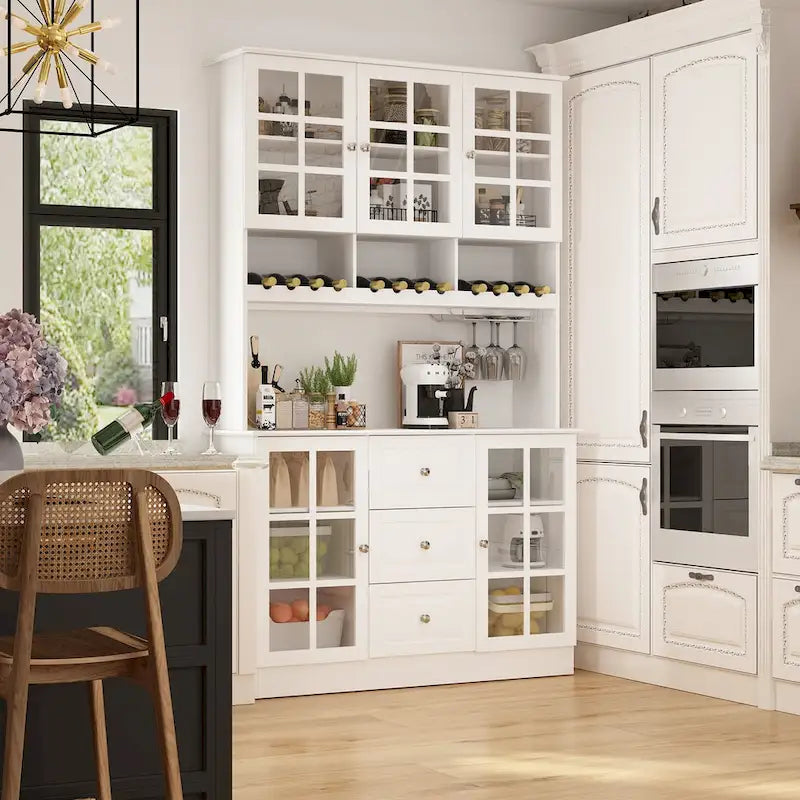 White Kitchen Pantry Cabinet with Hutch - 78.9"H with Glass Doors