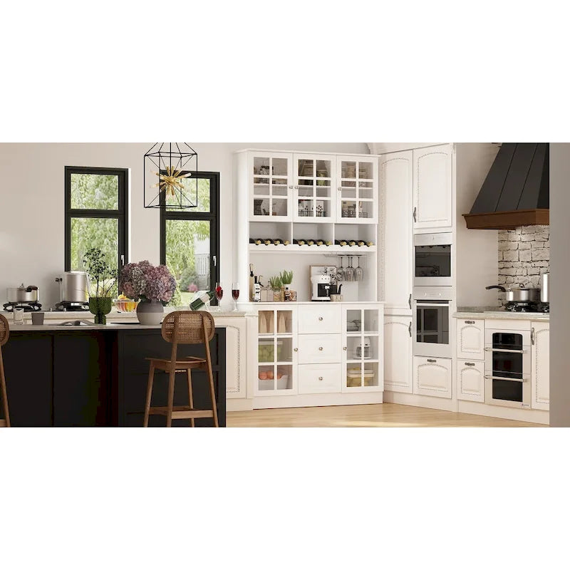 White Kitchen Pantry Cabinet with Hutch - 78.9"H with Glass Doors