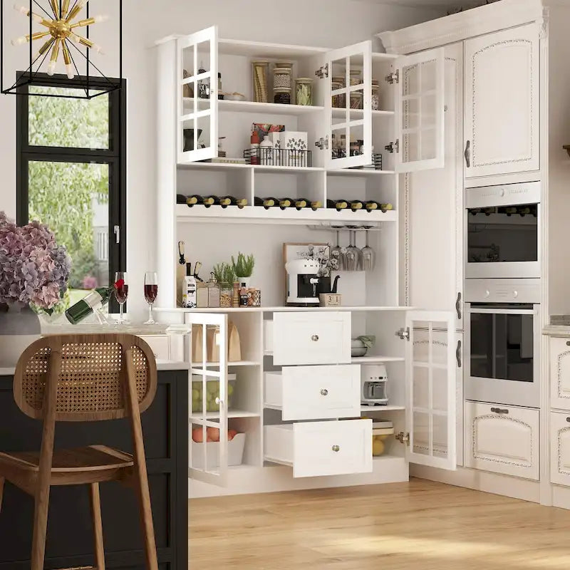 White Kitchen Pantry Cabinet with Hutch - 78.9"H with Glass Doors