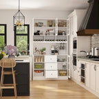 White Kitchen Pantry Cabinet with Hutch - 78.9"H with Glass Doors