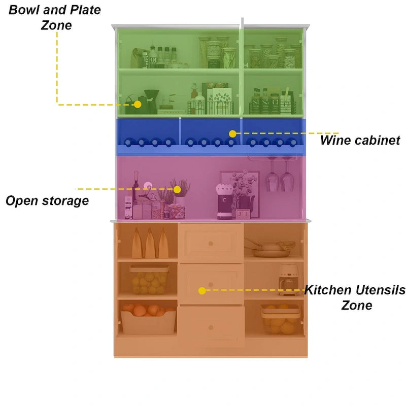 White Kitchen Pantry Cabinet with Hutch - 78.9"H with Glass Doors
