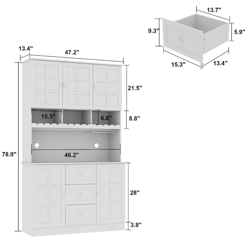 White Kitchen Pantry Cabinet with Hutch - 78.9"H with Glass Doors