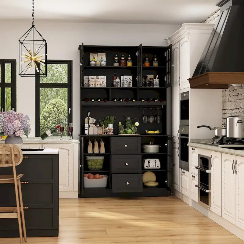 White Kitchen Pantry Cabinet with Hutch - 78.9"H with Glass Doors