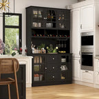 White Kitchen Pantry Cabinet with Hutch - 78.9"H with Glass Doors
