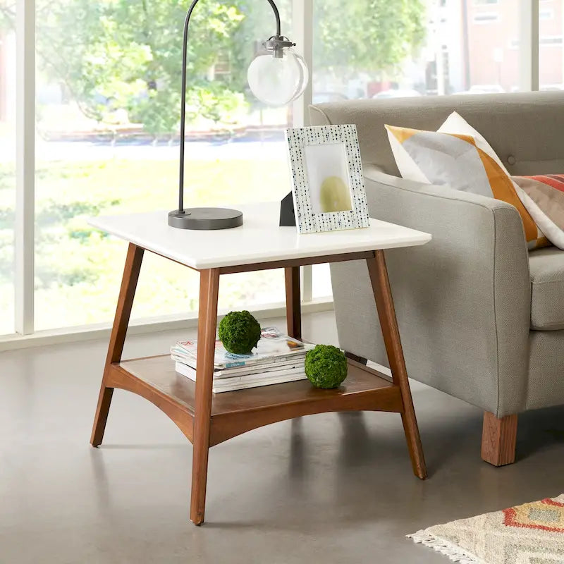 White & Pecan End Table - Mid-Century Style - 24"x24"
