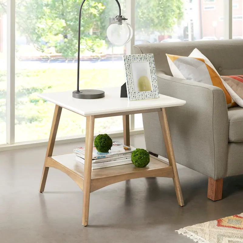 White & Pecan End Table - Mid-Century Style - 24"x24"
