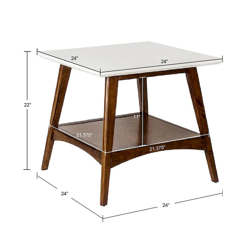White & Pecan End Table - Mid-Century Style - 24"x24"