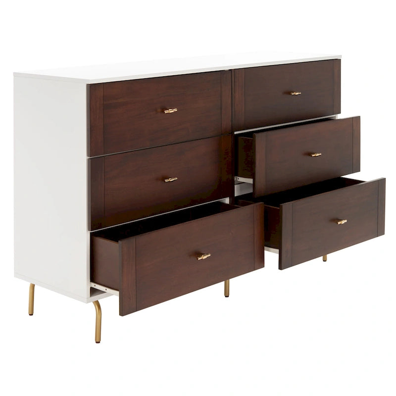 White & Walnut 6-Drawer Dresser - Mid-Century Style