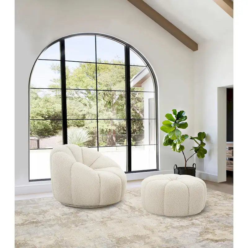 Cream Round Boucle Ottoman - 30" for 1 Person