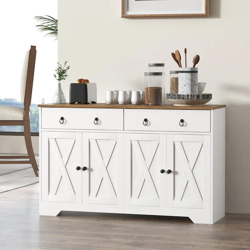 White Barn-Style Sideboard with 2 Drawers & 4 Doors