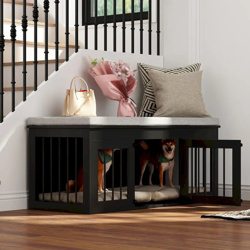 Black Wooden Pet Crate Bench - 47.2" with Cushion