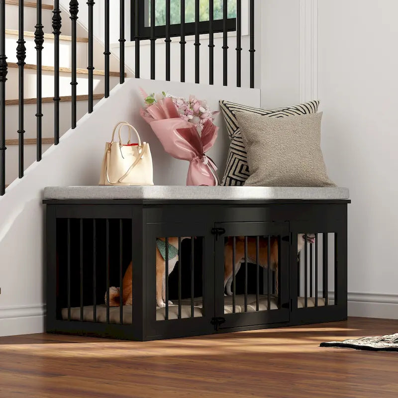 Black Wooden Pet Crate Bench - 47.2" with Cushion