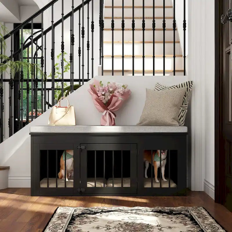 Black Wooden Pet Crate Bench - 47.2" with Cushion