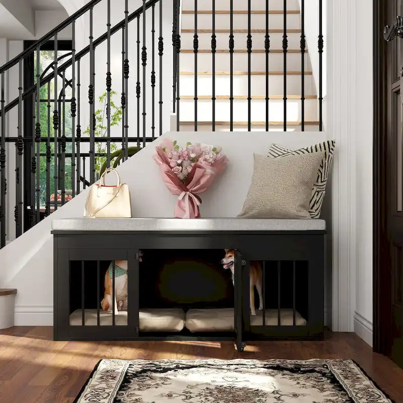 Black Wooden Pet Crate Bench - 47.2" with Cushion