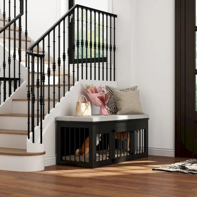 Black Wooden Pet Crate Bench - 47.2" with Cushion