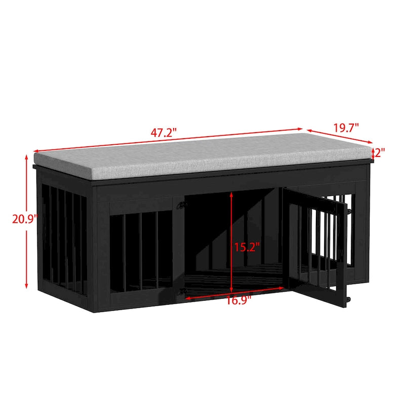 Black Wooden Pet Crate Bench - 47.2" with Cushion