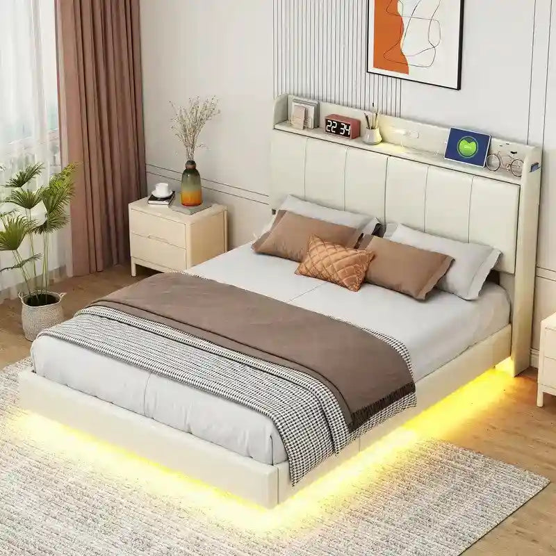 Queen Floating Bed Frame with LED, Storage & USB Ports