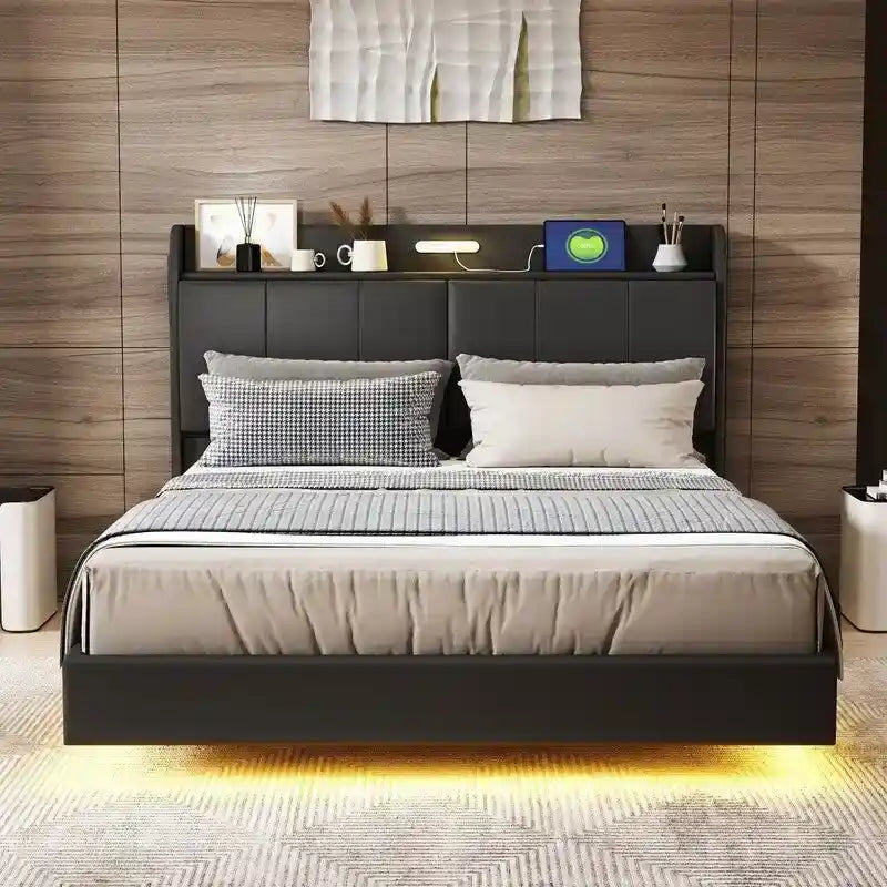 Queen Floating Bed Frame with LED, Storage & USB Ports
