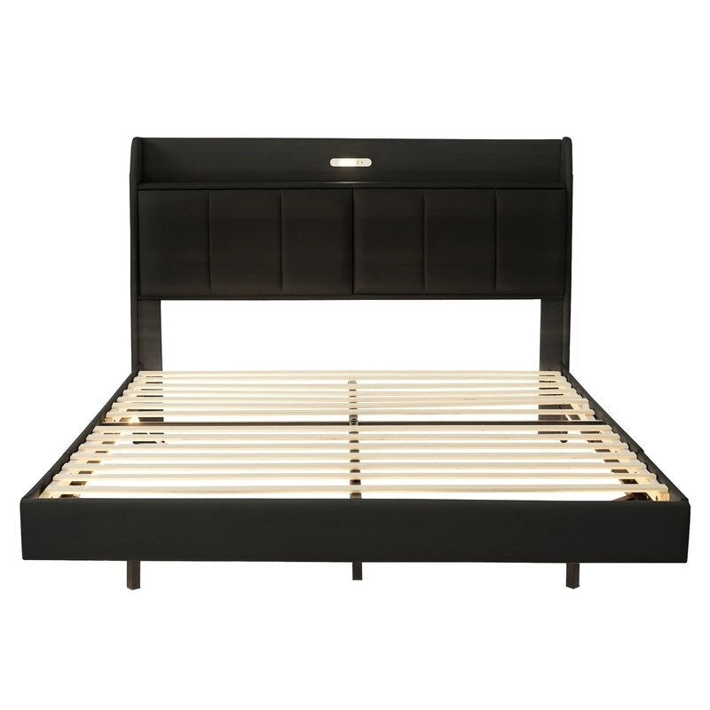 Queen Floating Bed Frame with LED, Storage & USB Ports