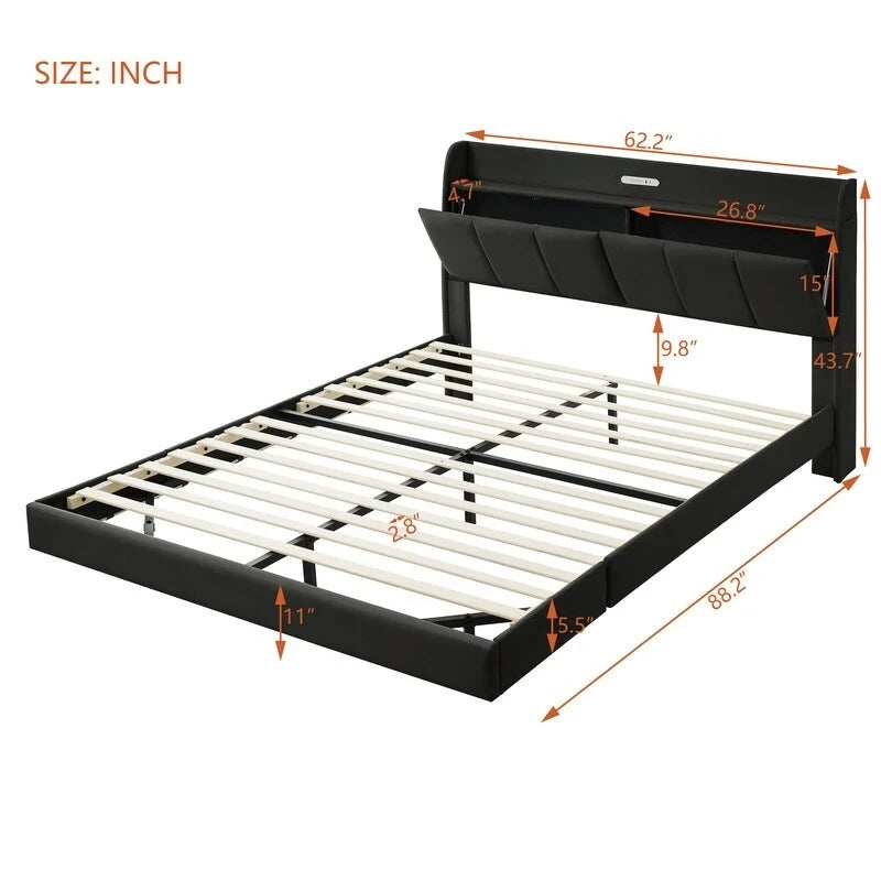 Queen Floating Bed Frame with LED, Storage & USB Ports