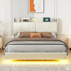 Queen Floating Bed Frame with LED, Storage & USB Ports