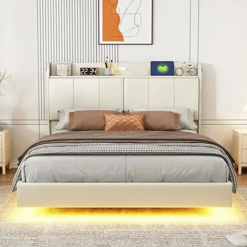 Queen Floating Bed Frame with LED, Storage & USB Ports