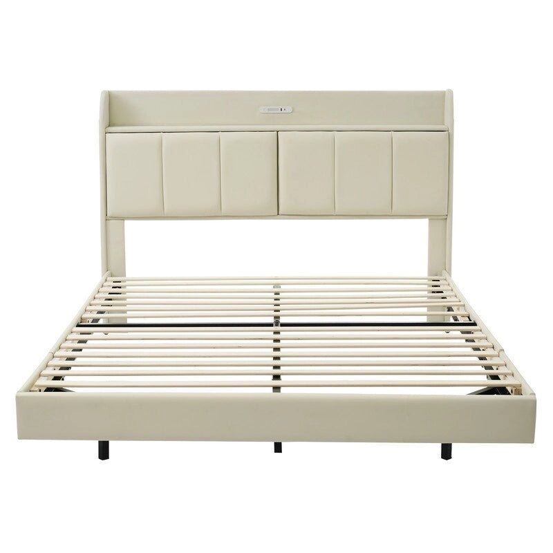Queen Floating Bed Frame with LED, Storage & USB Ports