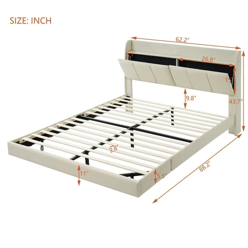 Queen Floating Bed Frame with LED, Storage & USB Ports