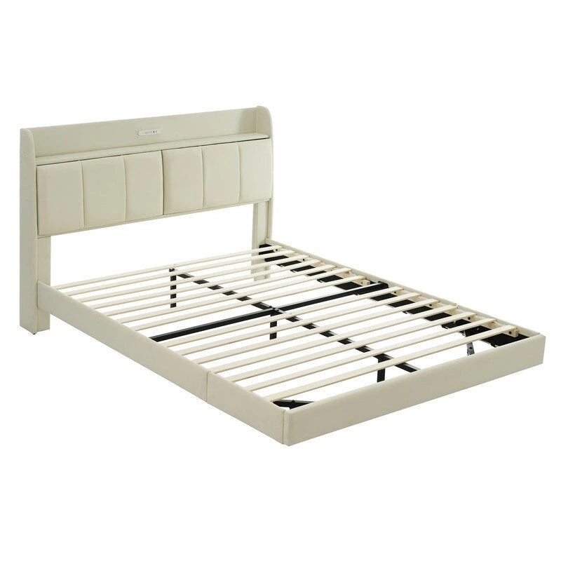 Queen Floating Bed Frame with LED, Storage & USB Ports