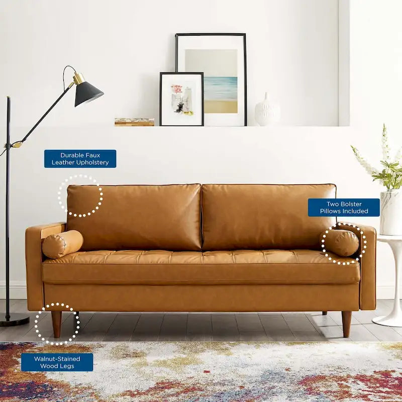 Faux Leather Sofa - Mid-Century Style - 3-Seater