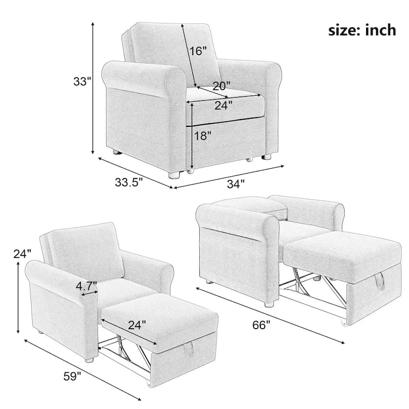 Linen 3-in-1 Convertible Sleeper Chair - Single