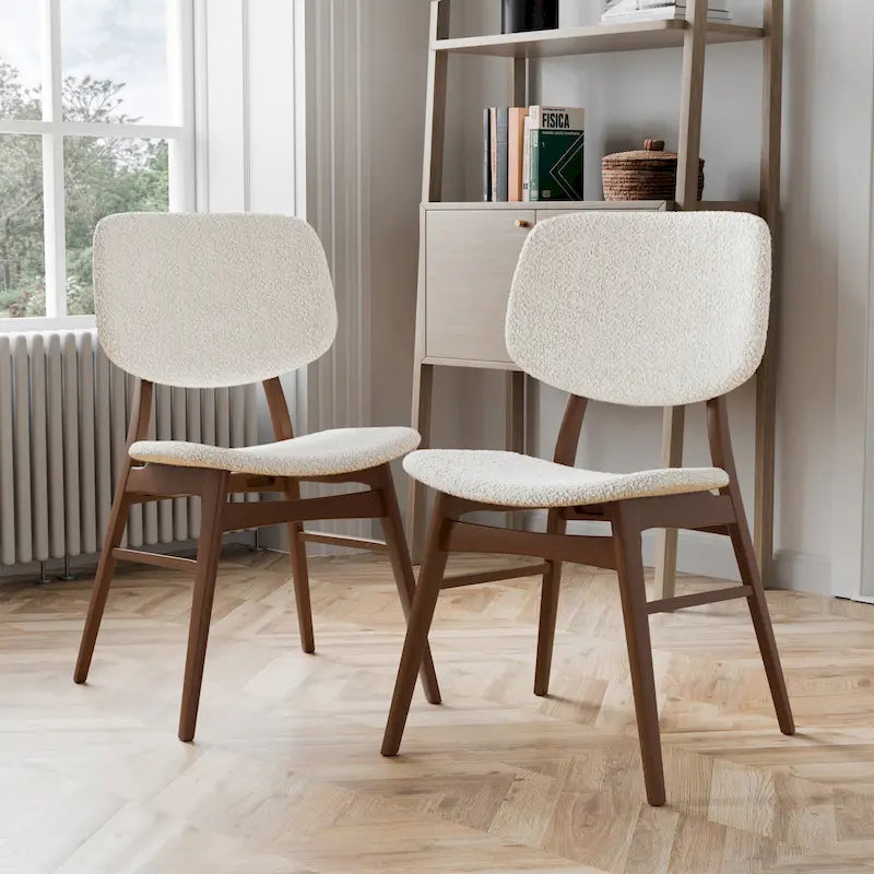 Beige Boucle Dining Chairs - Mid-Century Style - Set of 2